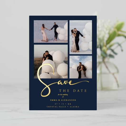 Real Gold Modern Collage in Navy Blue Fancy Script Folieneinladung (Stehend vorne)