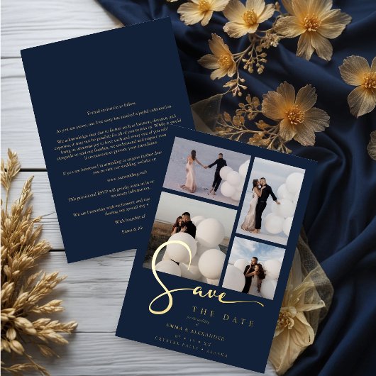 Real Gold Modern Collage in Navy Blue Fancy Script Folieneinladung