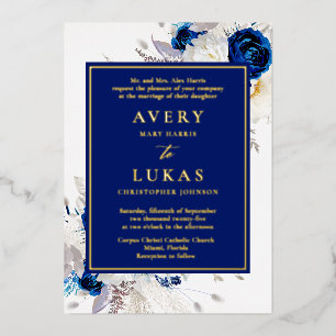 Real Gold Moderne blaue Blume Hochzeitsfoil Folieneinladung