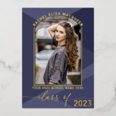 Real Gold Navy Blue Geometric Foto Abschluss Folieneinladung (Vorderseite)