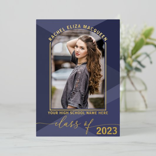 Real Gold Navy Blue Geometric Foto Abschluss Folieneinladung (Stehend vorne)