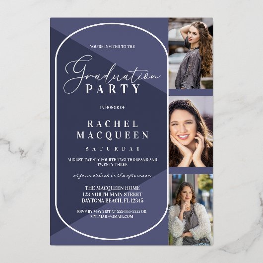 Real Gold Navy Blue Geometric Foto Abschluss Folieneinladung (Rückseite)