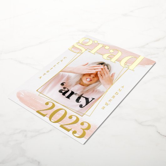 Real Gold Pink Aquarell Foto Abschluss Fossil Folieneinladung (Gedreht)