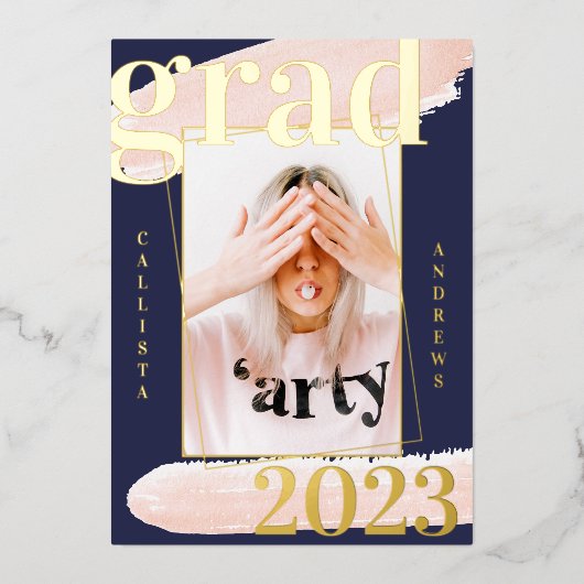 Real Gold Pink Blue Watercolor Foto Abschluss Folieneinladung (Vorderseite)