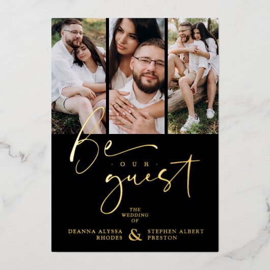 Real Golden Be our Guest Collage Wedding 3 Photos Folieneinladung (Vorderseite)