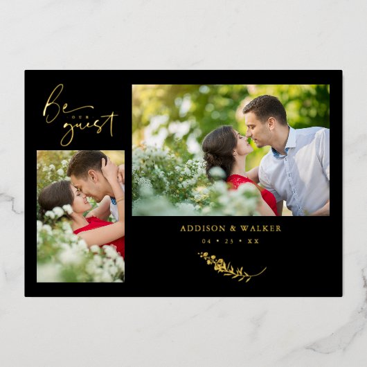 Real Golden Black Trendy Branches Wedding 2 Photos Folieneinladung (Vorderseite)