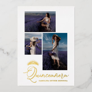 Real Golden Tiara Minimalistisch Quinceñera Spanis Folieneinladung