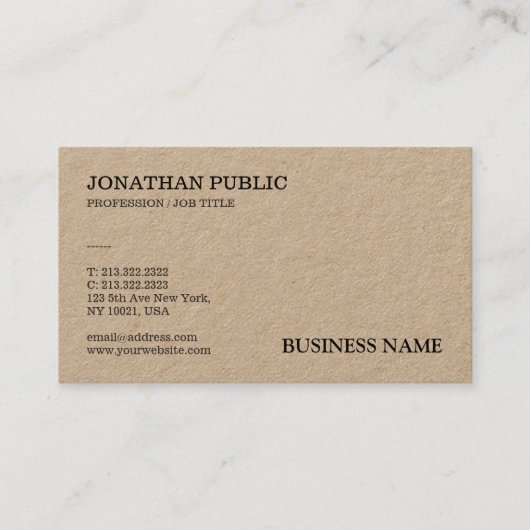 Real Kraft Paper Beruflich Modernes Elegant Visitenkarte (Vorderseite)