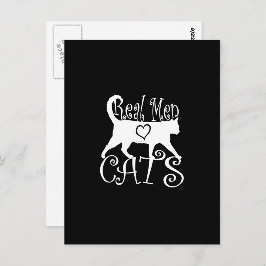 Real Men Liebe Cats Grafisches Design auf schwarze Postkarte (Vorne/Hinten)