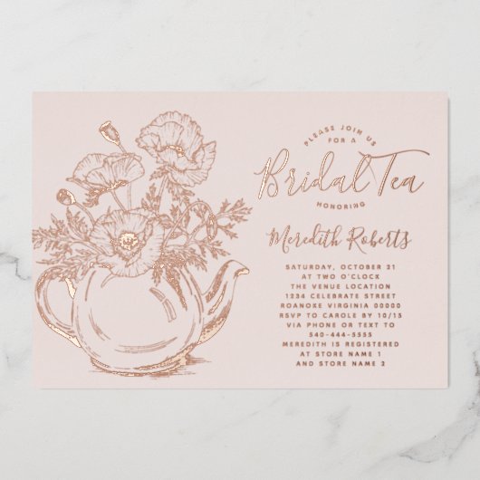 Real Rose Gold Flora Brautparty Teezeremonie auf d Folieneinladung (Vorderseite)