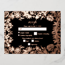 Real Rose Gold Floral Black Wedding RSVP Folie Einladungspostkarte