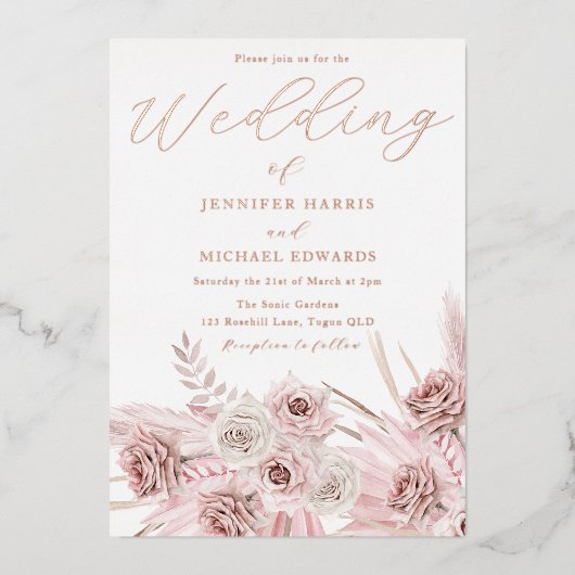 Real Rose Gold Foil Dusty Rose Boho Wedding Folieneinladung (Vorderseite)