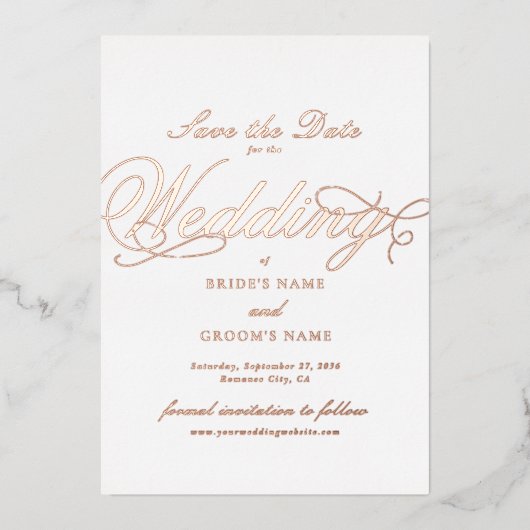 Real Rose Gold Foil Hochzeitsweiß Save the Date Folieneinladung (Vorderseite)