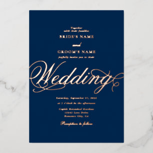 Real Rose Gold Foil Klassisches Luxus Blue Wedding Folieneinladung