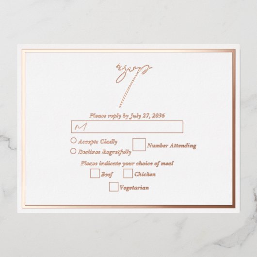 Real Rose Gold Foil White Wedding RSVP Folie Einladungspostkarte (Vorderseite)