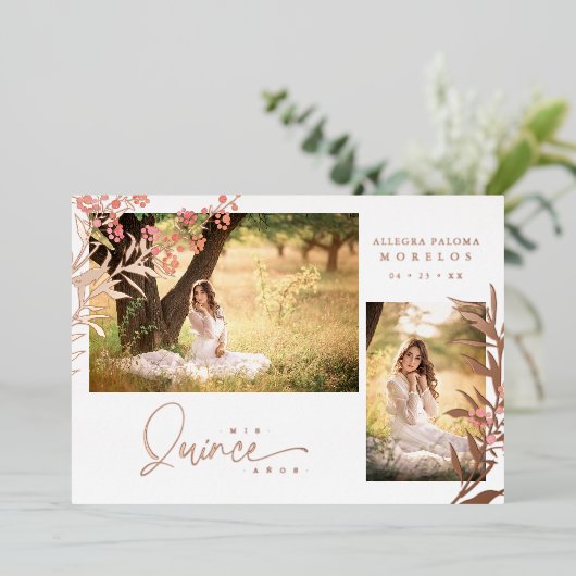 Real Rose Gold Quinceañera Trendy Zweig Spanish Folieneinladung (Stehend vorne)