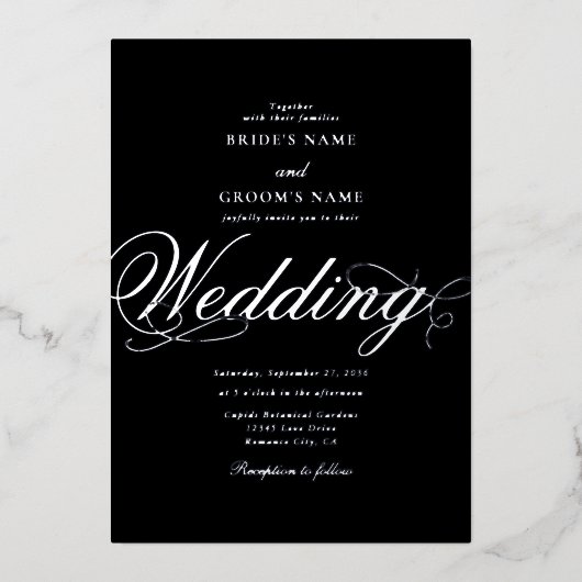 Real Silver Foil Classy Luxury Black Wedding Folieneinladung (Vorderseite)