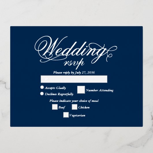Real Silver Foil Elegane Luxury Blue Wedding RSVP Folie Einladungspostkarte (Vorderseite)