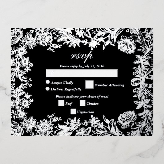 Real Silver Foil Floral Black Wedding RSVP Folie Einladungspostkarte (Vorderseite)