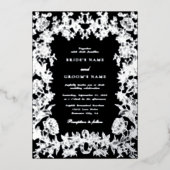 Real Silver Foil Floral Botanical Black Wedding Folieneinladung (Vorderseite)