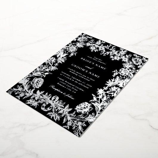 Real Silver Foil Floral Botanical Black Wedding Folieneinladung (Gedreht)