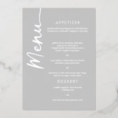 Real Silver Foil Modern Script Wedding Menu Card Folieneinladung (Vorderseite)