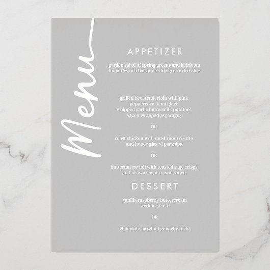 Real Silver Foil Modern Script Wedding Menu Card Folieneinladung (Vorderseite)