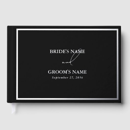 Real Silver Foil Moderne Schwarz & Silber Hochzeit Gästebuch (Vorderseite)