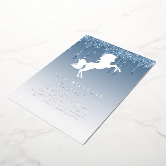 Real Silver Foil Unicorn Girly Birthday (ANY) Blue Folieneinladung (Gedreht)