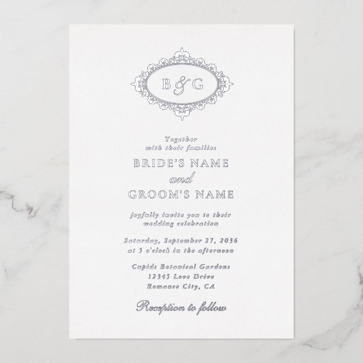 Real Silver Foil Wreath Elegante Monogram Wedding Folieneinladung (Vorderseite)