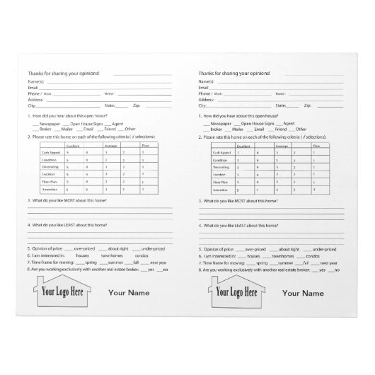 Reales Anwesen Open House Feedback Notepad Notizblock (Vorderseite)