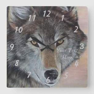 realist wildlife painting of gray wolf quadratische wanduhr