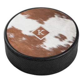 Realistic brown and white cowhide texture monogram eishockey puck