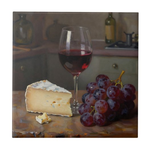 Realistic Red Wine Cheese Grapes Still Life Fliese (Vorderseite)