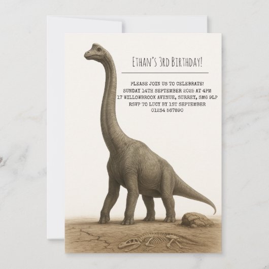 Realistic Sauropod Dinosaur with Fossils Birthday Einladung (Vorderseite)
