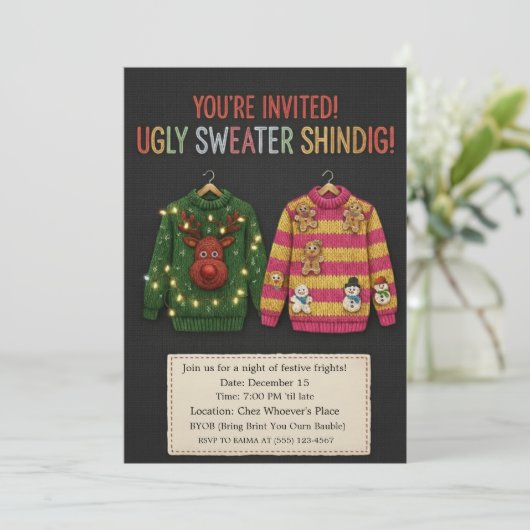 Realistic Ugly Sweater Shindig Knitted Invitation Einladung (Stehend Vorderseite)