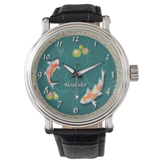 Realistisch grüner japanischer Koi-Fischteich Armbanduhr (Vorderseite)