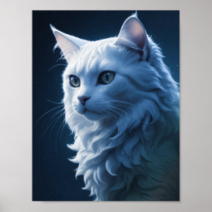 Realistisch schöne Starry Night Sky White Cat Poster