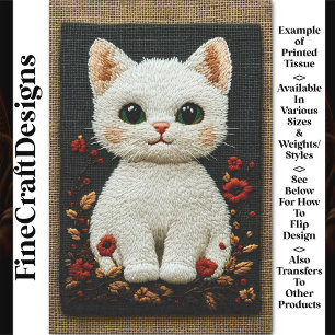 Realistische bestickte weiße Katze BZ8 Découpage Seidenpapier
