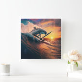 Realistische Dolphin Jumping Ocean Sunset Kids Adu Quadratische Wanduhr (Zuhause)