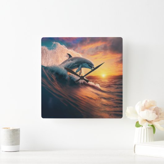 Realistische Dolphin Jumping Ocean Sunset Kids Adu Quadratische Wanduhr (Zuhause)