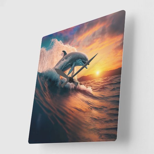 Realistische Dolphin Jumping Ocean Sunset Kids Adu Quadratische Wanduhr (Winkel)