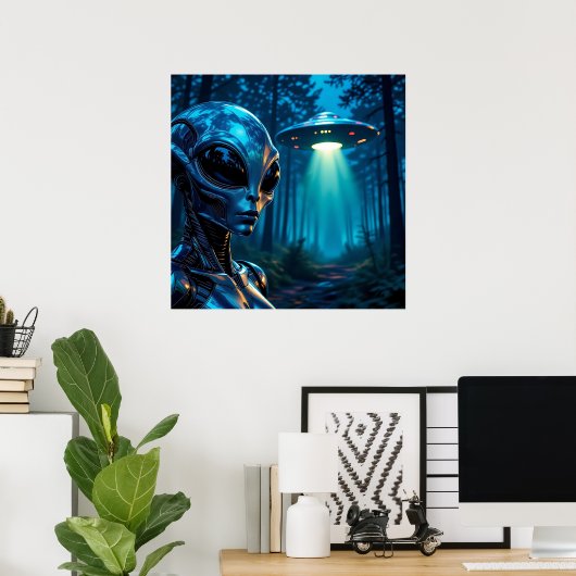 Realistische Hyper-Alien und UFO im Wald Poster (Heimbüro)