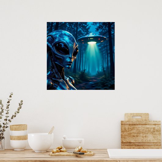 Realistische Hyper-Alien und UFO im Wald Poster (Küche)