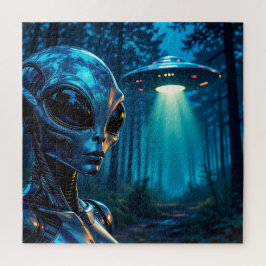 Realistische Hyper-Alien und UFO im Wald Puzzle