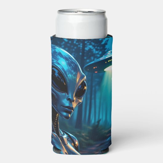 Realistische Hyper-Alien und UFO im Wald Selters Dosenkühler (Seltzer Vorderseite)