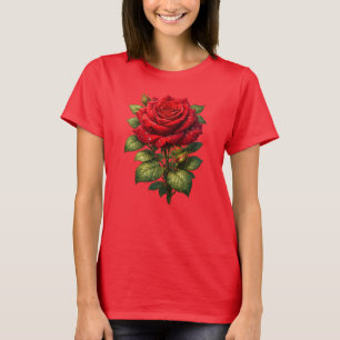 Realistische rote Rose mit Tautropfen T-Shirt