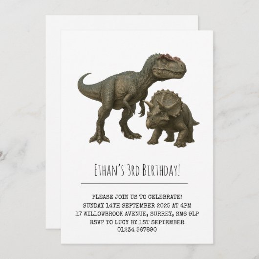 Realistische T-Rex und Triceratops Dinosaur Birthd Einladung (Vorne/Hinten)