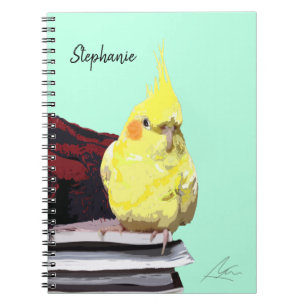 Realistischer Cockatiel-Vogel auf Büchern Moderne Notizblock