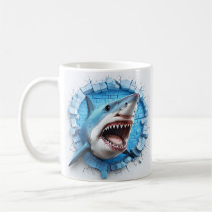 Realistischer Haifischkopf bricht durch einen blau Kaffeetasse